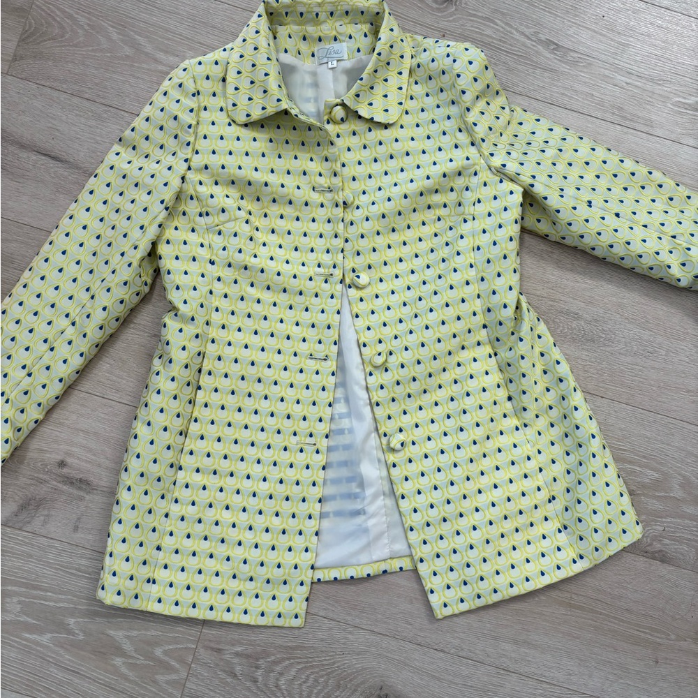 Vintage Lisa Embroidered Long Jacket Yellow Blue Teardrop Print Women’s